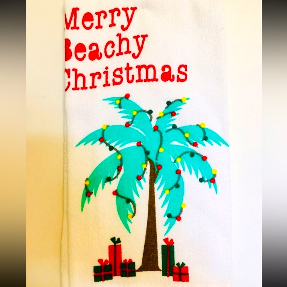 Merry Beachy Christmas Kitchen Towel Tropical Palm Tree with Gifts